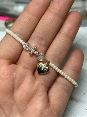 Pearl Bead Bracelet with Gold “mom” Heart & Crystal Cross Charm